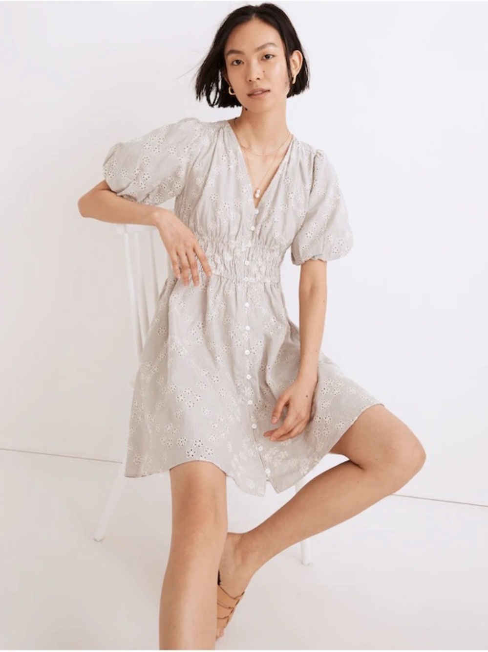 Madewell Eyelet Sophia Mini Dress Stripe Puff Sleeve Linen Blend- 3x